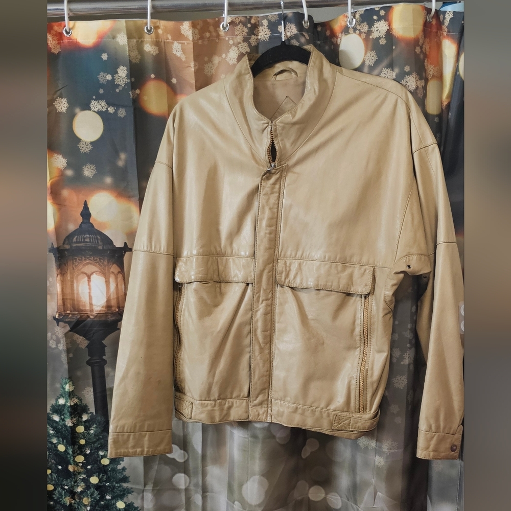 Men's Tan Remy Leather Bomber Jacket - Picture 2 of 12